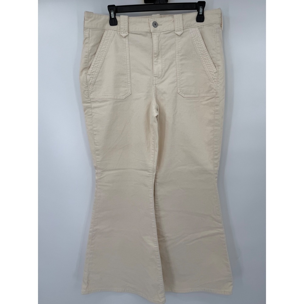 American Eagle Corduroy Pants Womens 14 Short Cream Flare Stretch Patch Pocket